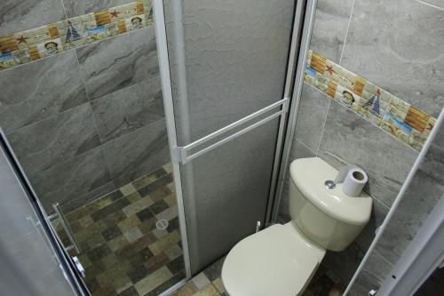uma casa de banho com um WC e uma cabina de duche em vidro. em Apartamento San Jose em Floridablanca