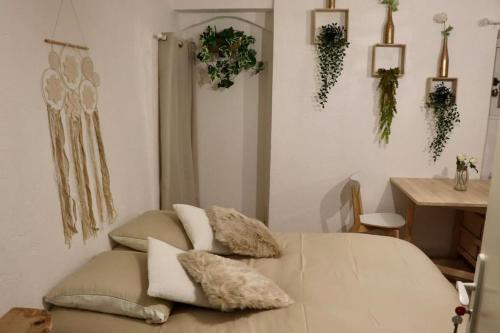 Cette chambre comprend un lit avec des oreillers. dans l'établissement Magnifique appartement au cœur d’Avignon, à Avignon