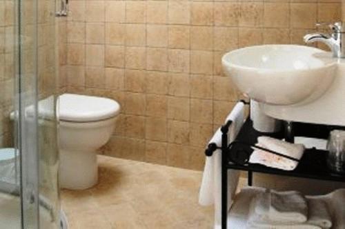 een badkamer met een wastafel, een toilet en een douche bij Hotel Dei Templi in Paestum