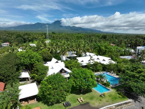 an aerial view of a resort with a pool and trees at Infinity Diving Resort and Residences in Dauin