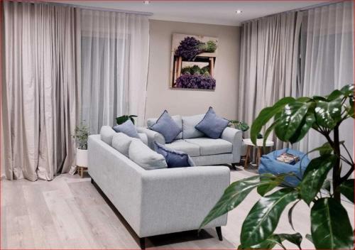 a living room with two couches and a plant at Newly built cozy double storey 3 bed room house at Prospect. in Prospect