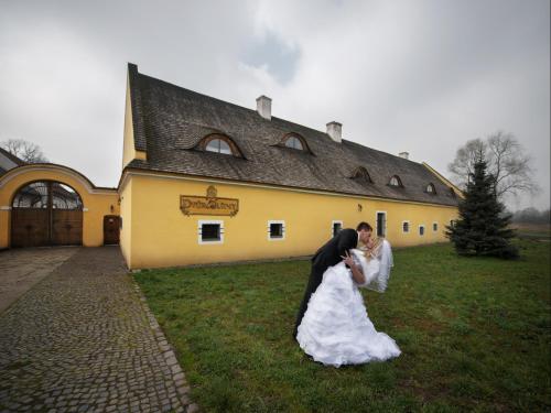 a bride and groom standing in front of a building at Dvůr Olšiny -Hotel and Horse-riding in Karviná