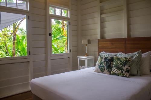 a bedroom with a bed and two windows at Couleur Locale Paramaribo in Paramaribo