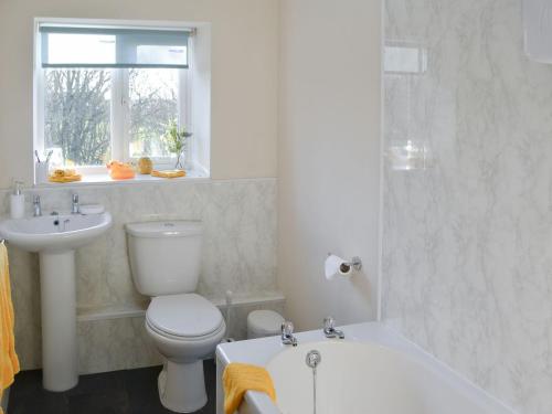 a white bathroom with a toilet and a sink at Marleys Retreat in Seaton Delaval