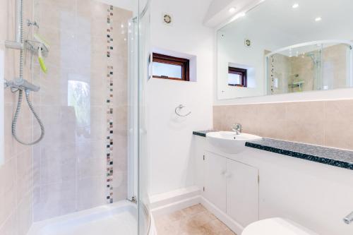 a bathroom with a shower and a toilet and a sink at Little Trig in Padstow