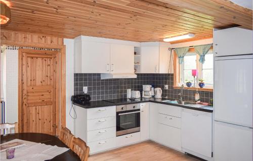a kitchen with white appliances and a wooden ceiling at Cozy Home In Ryd With Wifi in Ryd