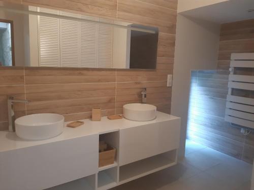 a bathroom with two sinks and a large mirror at Moulin Clamens in Cavarc