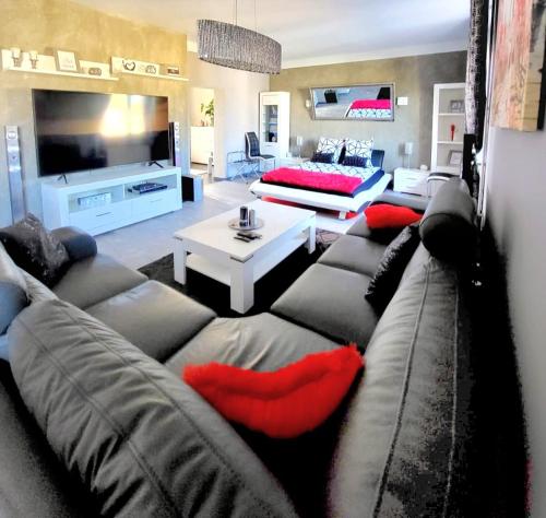 a living room with a gray couch and red pillows at Lupus Apartamenty in Poznań