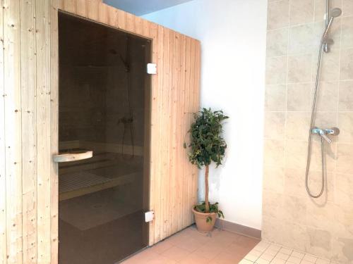 una ducha con una puerta de cristal con una planta en LE NID DU BIRDIE, Giez, Proche du lac d’Annecy, en Giez