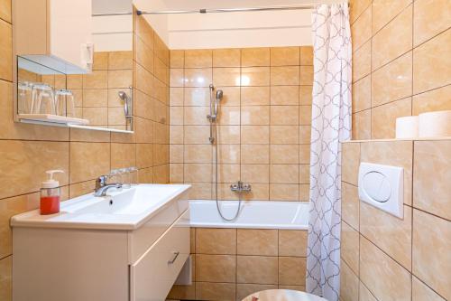 a bathroom with a sink and a shower at Peregrino Panzió in Budaörs