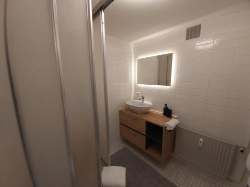uma casa de banho com um lavatório e um espelho em Förde Koje em Westerholz