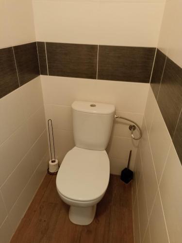 a bathroom with a white toilet in a room at Studio ruffec 10 in Ruffec