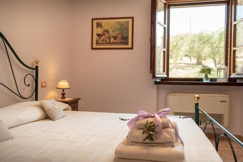 um quarto com uma cama e uma janela em Agriturismo La Rocca Assisi em Petrignano