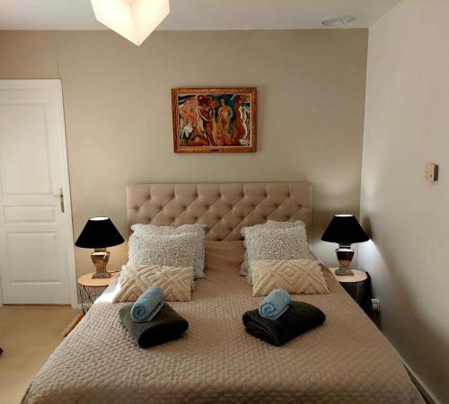 1 dormitorio con 1 cama grande y 2 almohadas en Les Jardins d'Eleusis en Murs