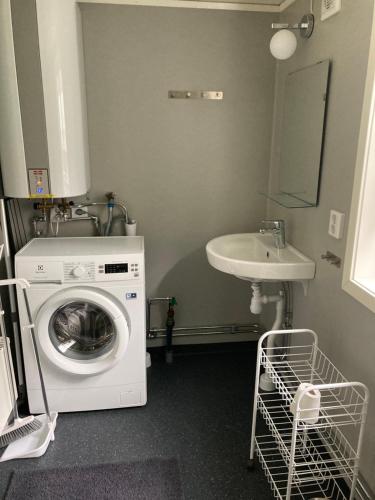 a laundry room with a washing machine and a sink at Ankiborg Bed and Breakfast in Färjestaden