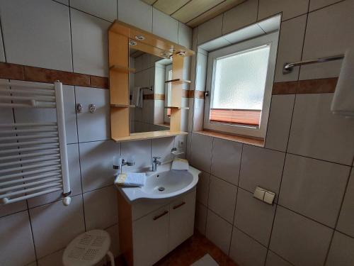 a bathroom with a sink and a mirror at Haus Tanja in Längenfeld