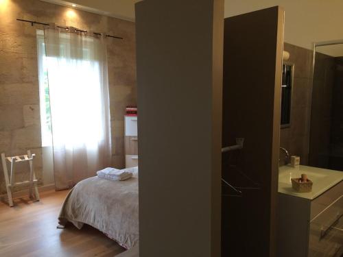 1 dormitorio con 1 cama y baño con lavamanos en "Le gite du Petit Guilhem" Près Bordeaux Maison classée 4étoiles Meublé Tourisme piscine parc étang, en Anglade