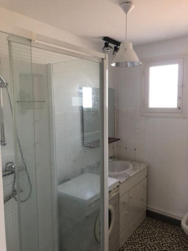 une salle de bain avec une douche, des toilettes et un lavabo dans l'établissement Maison à 500 mètres de la plage, à Saint-Trojan-les-Bains