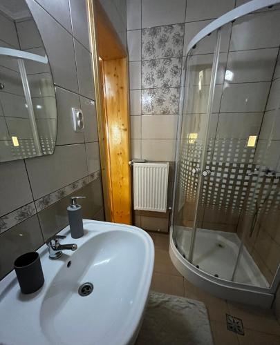 a bathroom with a sink and a mirror and a tub at Vila SOFIA in Haţeg