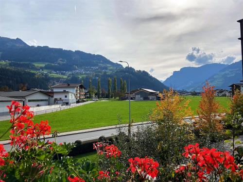 a view of a green field with mountains in the background at Landhaus Rohrmoser in Zell am Ziller