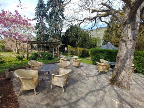 a patio with tables and chairs and a tree at Wein- und Landhaus S A Prüm in Bernkastel-Kues
