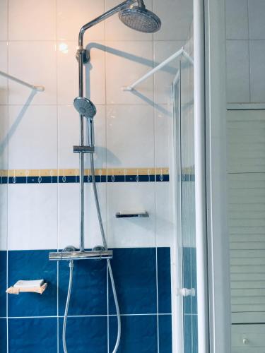 une douche dans une salle de bain avec une porte vitrée dans l'établissement Comfortable Paris 5, à Vitry-sur-Seine