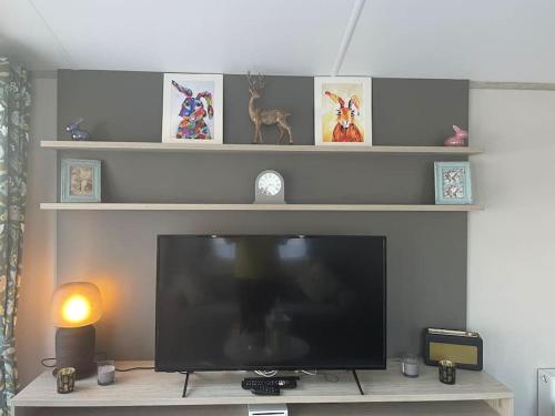 a flat screen tv sitting on top of a table at The Warrens - 2 bed caravan for 4 & private hot tub in Swarland