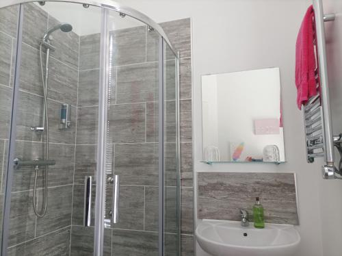 a bathroom with a shower and a sink at Victorian Renovation Room 3 in Liverpool