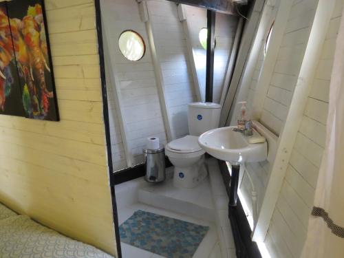 ein kleines Badezimmer mit Toilette und Waschbecken in der Unterkunft Balneario Hostal El Pacha in Líbano
