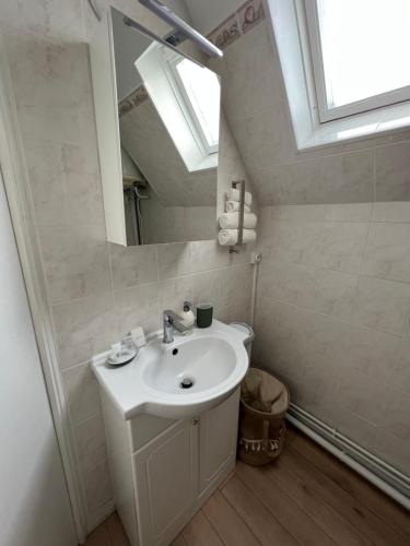 ein Bad mit einem Waschbecken und einem Spiegel in der Unterkunft Le Pons Episcopi in Pont-lʼÉvêque