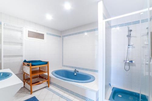 uma casa de banho com uma banheira azul e um chuveiro em Chez Annie et William em Montpouillan