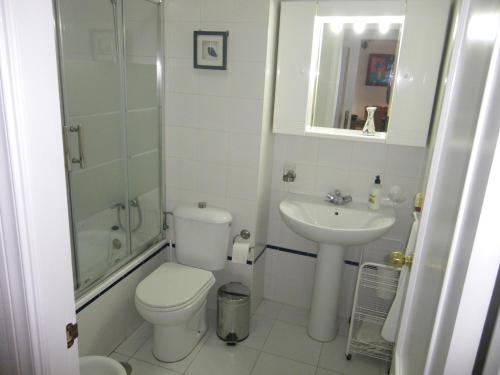 a bathroom with a toilet and a sink and a shower at Apartamento Pepi Chipiona in Chipiona