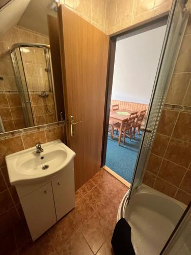 a bathroom with a sink and a shower at Chalupa Na stráni in Čenkovice