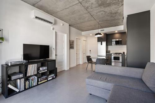 a living room with a couch and a tv at Initial / Espace M / Centre-ville de Québec in Quebec City