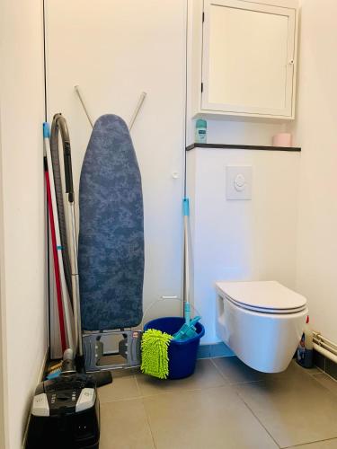 une salle de bain avec un skateboard sur le mur à côté des toilettes dans l'établissement Les terrasses, à Saint-Malo