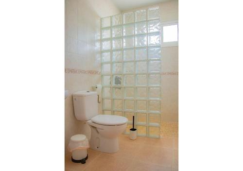 a bathroom with a toilet and a glass wall at Apto Los Llanos Mojácar Playa in Mojácar