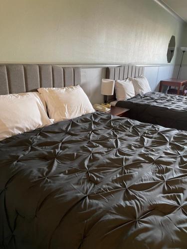 ein Schlafzimmer mit einem großen Bett und einem Bettrock in der Unterkunft Elite Hotel "Downtown Center" " Ski & Northern light Tour" in Whitehorse