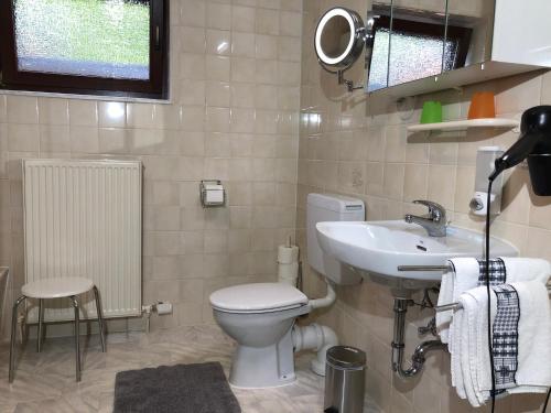 ein Bad mit einem WC und einem Waschbecken in der Unterkunft Ferienwohnung Familie Hinrichs in Dorn-Dürkheim