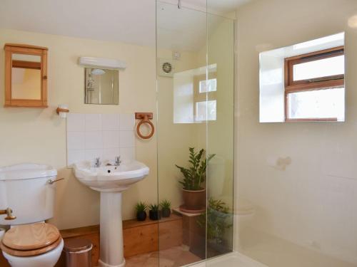 a bathroom with a toilet and a sink and a shower at Grange Court in Cliburn