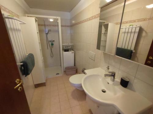a bathroom with a sink and a toilet and a shower at Appartamento vacanza a Sementina in Sementina