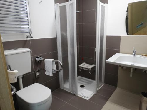 a bathroom with a shower and a toilet and a sink at Hotel Il Cantico St. Peter in Rome