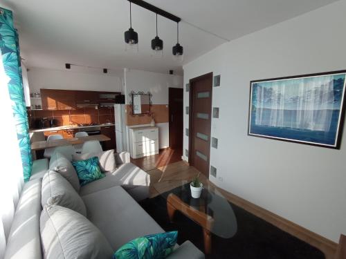 Una sala de estar con un sofá y una cocina. en MK Apartament III, en Rzeszów
