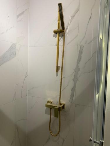 a shower with a hose in a bathroom at Blue Apartment close to Old Town in Bydgoszcz