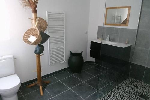 a bathroom with a toilet and a sink and a vase at Charmante Maison Oléronnaise ALOCEANE in Saint-Denis-dʼOléron