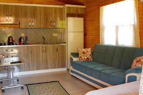 sala de estar con sofá y cocina en Öyküm apart adrasan, en Kumluca