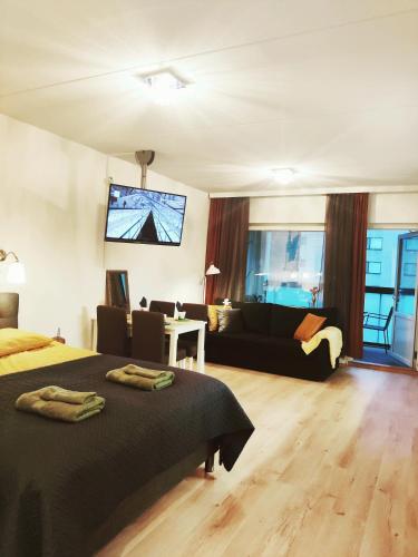 a bedroom with a bed and a couch and a tv at Joutjärven Studio Apartment in Lahti