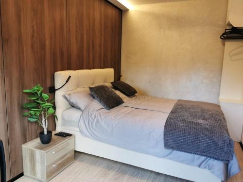 ein Schlafzimmer mit einem weißen Bett und einer Topfpflanze in der Unterkunft EHINACEA in Berg Rtanj