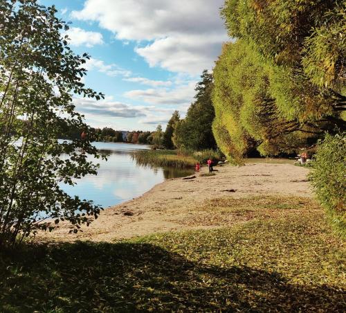 a body of water with people sitting on the shore at Joutjärven Studio Apartment in Lahti
