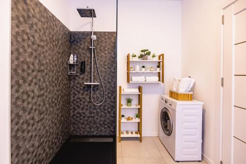 a bathroom with a shower and a washing machine at Alice apartment in Sibiu