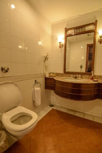 a bathroom with a toilet and a sink and a mirror at Gokarna Forest Resort Kathmandu in Kathmandu